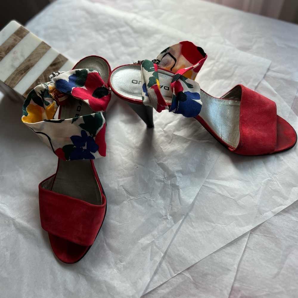 VTG 80s Xavier Denaud red suede heels scarf strap sz 8 Paris Made in Spain - Picture 14 of 14